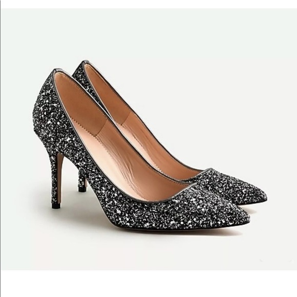 J Crew Elsie pump black gray gunmetal glitter heel shoe point toe size 6